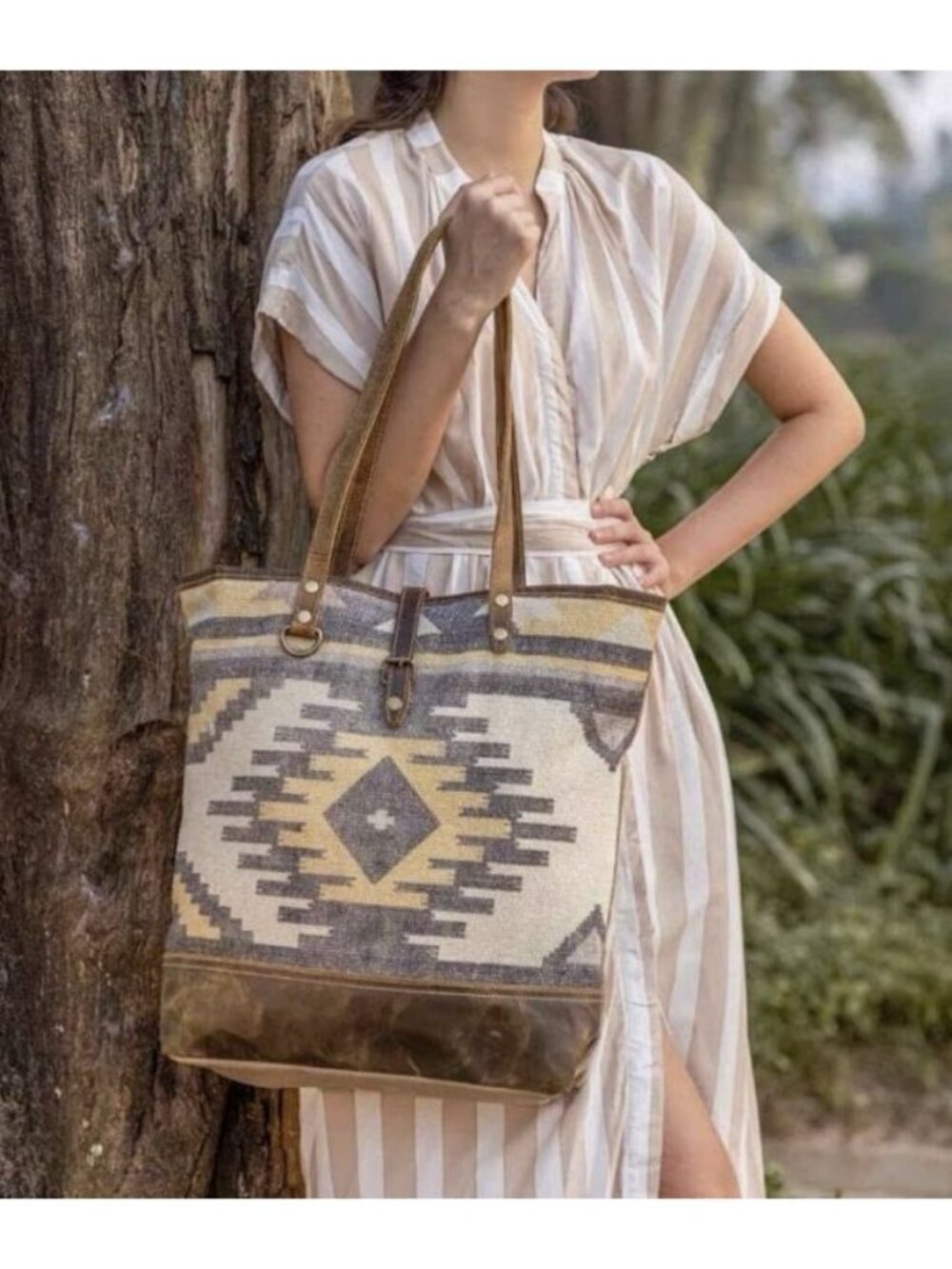Myra Tote Bag Patchy Woven Canvas Leather Weekender Overnight Aztec Western Boho